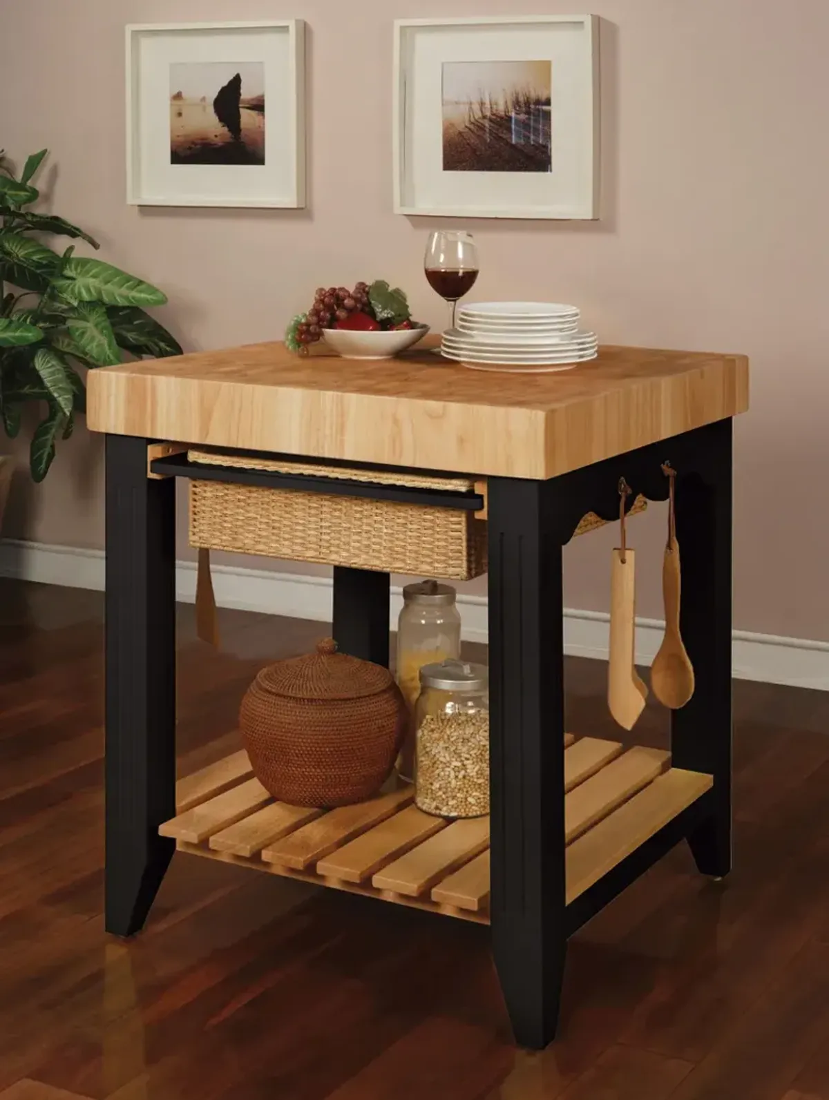 Powell Color Story Black Butcher Block Kitchen Island