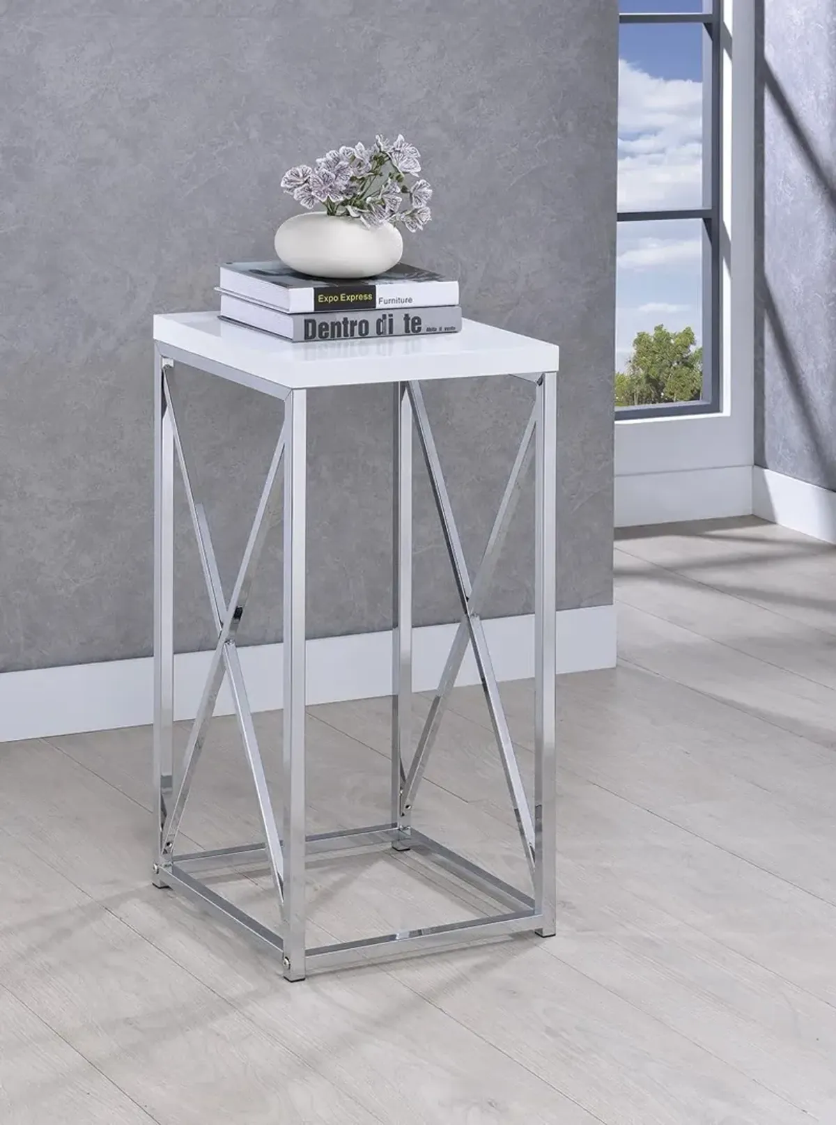 Coaster Edmund Square Accent Side Table White High Gloss & Chrome