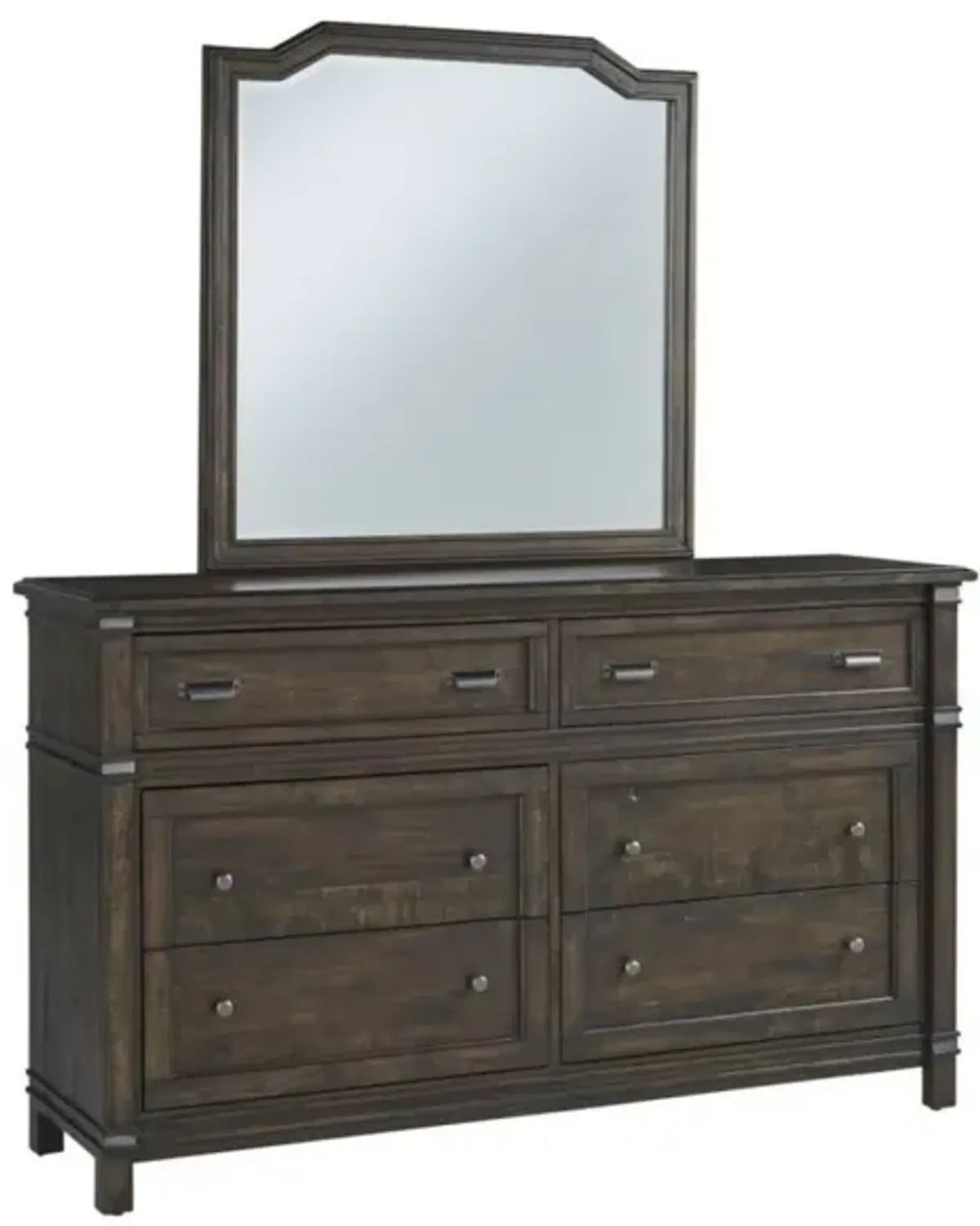 American Woodcrafters Farmwood Whiskey Barrell King Panel Bed Two 1-Drawer Nightstand Dresser & Mirror