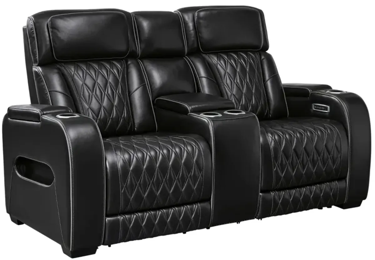 BOYINGTON BLACK P3 POWER CONSOLE LOVESEAT WITH MASSAGE, HEAT, AND LED LIGHTING