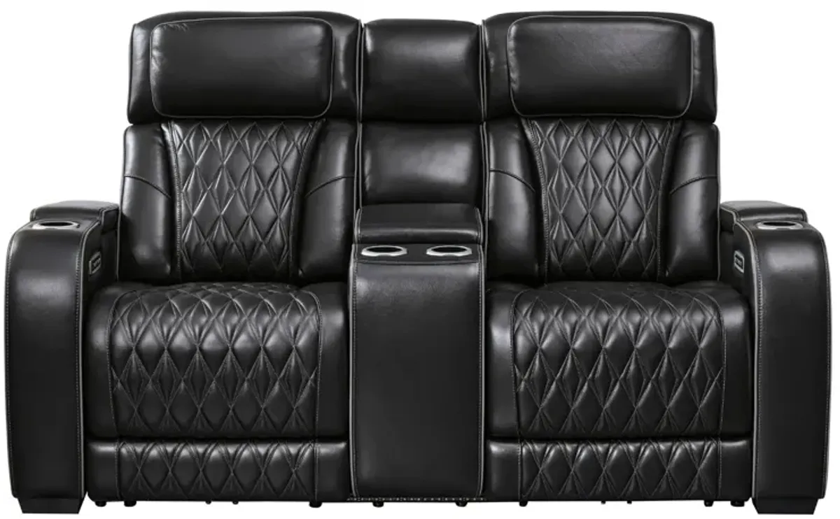 BOYINGTON BLACK P3 POWER CONSOLE LOVESEAT WITH MASSAGE, HEAT, AND LED LIGHTING