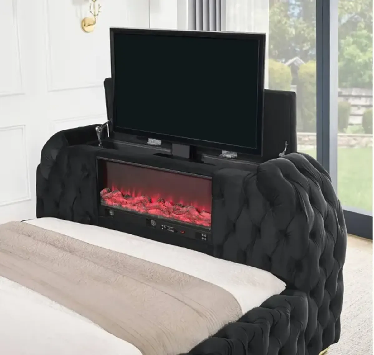 NATALIA BLACK QUEEN BED WITH FIREPLACE AND TV LIFT