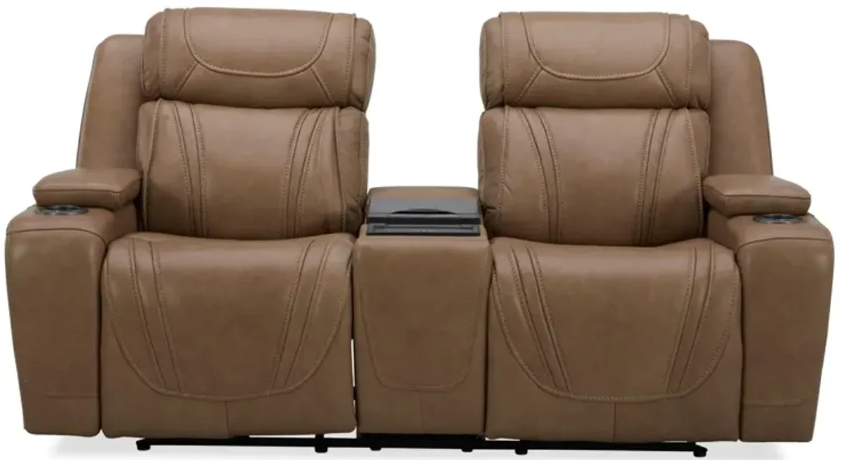 BOSTON SAND LEATHER POWER LOVESEAT WITH REFRIGERATOR CONSOLE