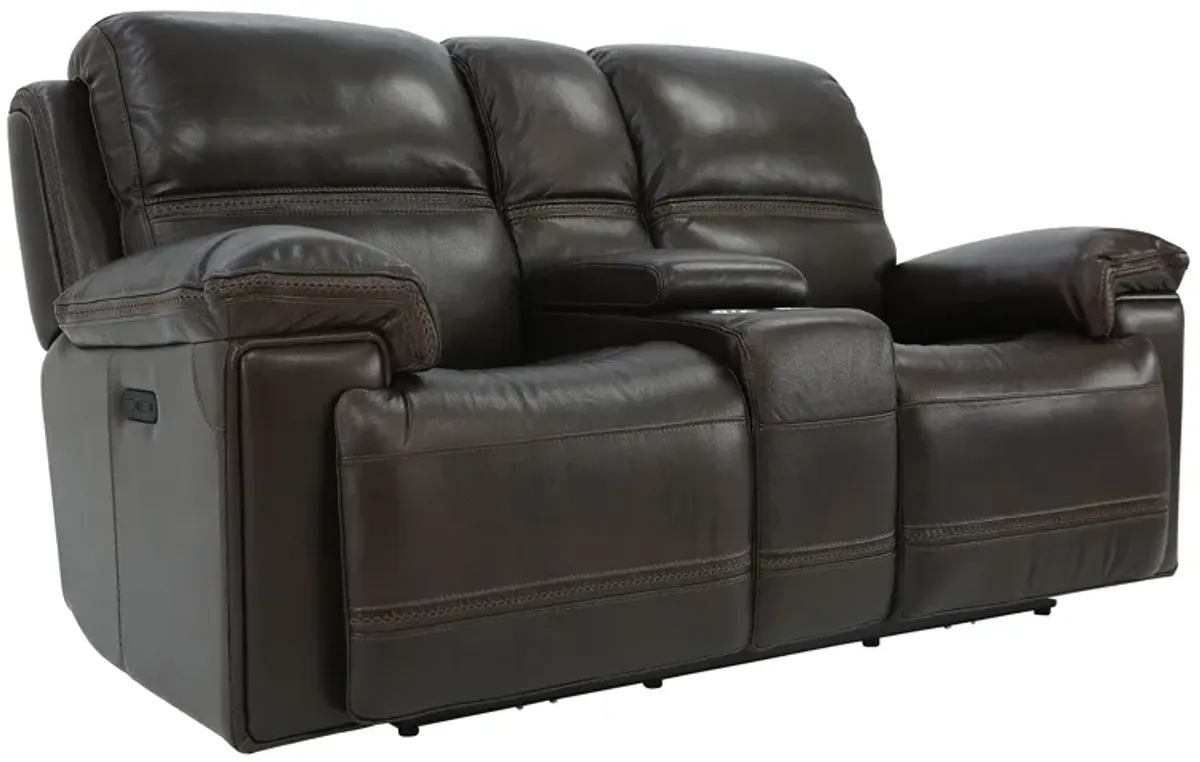 FENWICK POWER DARK BROWN RECLINING LOVESEAT WITH CONSOLE P2