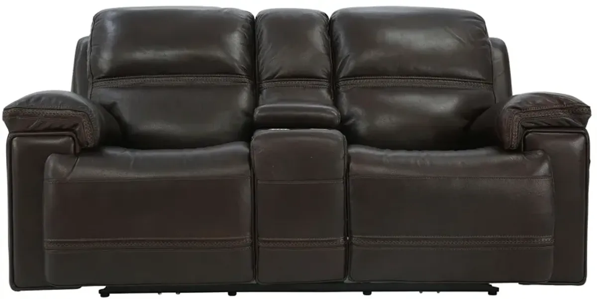 FENWICK POWER DARK BROWN RECLINING LOVESEAT WITH CONSOLE P2