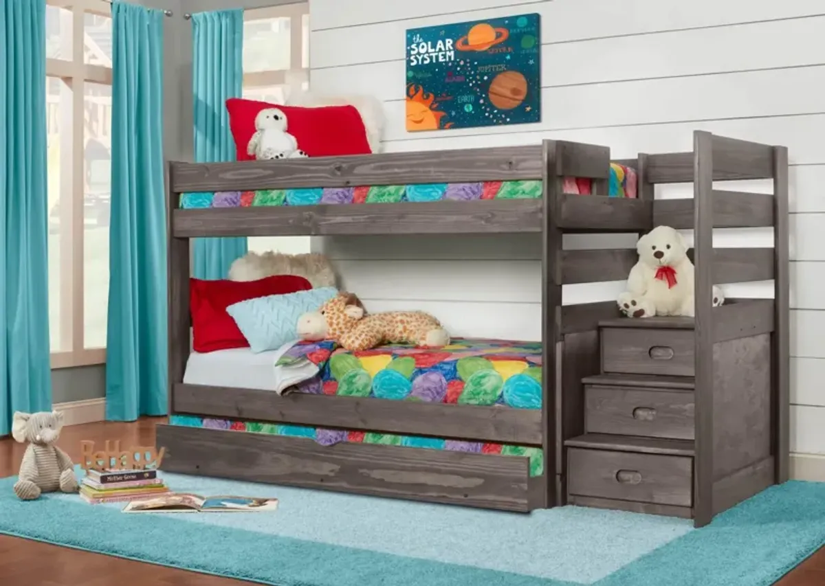 SAWYER DRIFTWOOD TWIN OVER TWIN STAIRBED WITH STORAGE AND BUNKIE MATTRESSES