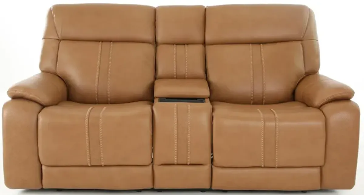 XARA BUTTERNUT LEATHER POWER CONSOLE LOVESEAT