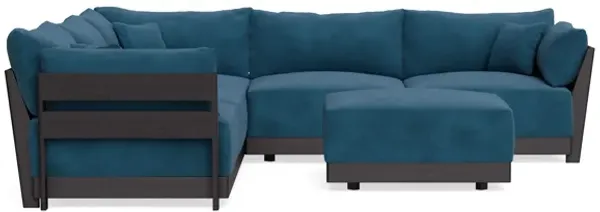 Modular Bondi Black 5-Seater Corner Sectional + Ottoman in Commodore Blue | Memory Foam Blend