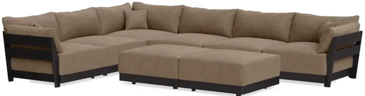 Modular Bondi Black 6-Seater Corner Sectional + Bench Ottoman in Coffee | Memory Foam Blend