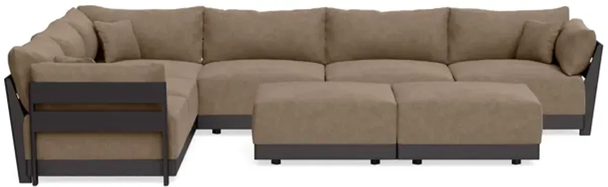 Modular Bondi Black 6-Seater Corner Sectional + Bench Ottoman in Coffee | Memory Foam Blend
