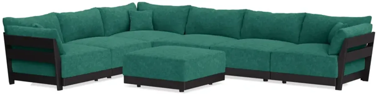 Modular Bondi Black 6-Seater Corner Sectional + Ottoman in Jade Green | Memory Foam Blend