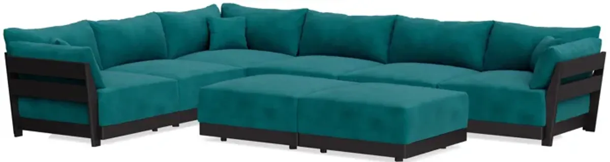 Modular Bondi Black 6-Seater Corner Sectional + Bench Ottoman in Peacock | Memory Foam Blend