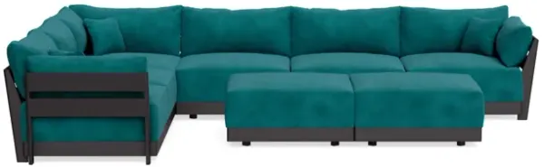 Modular Bondi Black 6-Seater Corner Sectional + Bench Ottoman in Peacock | Memory Foam Blend