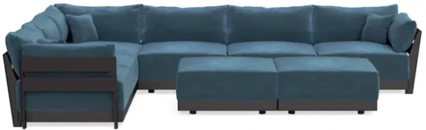 Modular Bondi Black 6-Seater Corner Sectional + Bench Ottoman in Oxford Blue | Memory Foam Blend