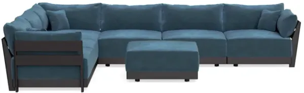 Modular Bondi Black 6-Seater Corner Sectional + Ottoman in Oxford Blue | Memory Foam Blend