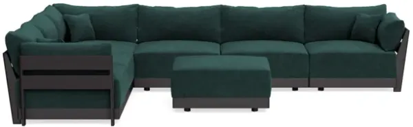 Modular Bondi Black 6-Seater Corner Sectional + Ottoman in Harbor Blue | Memory Foam Blend