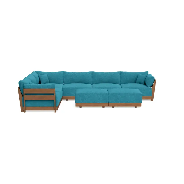Modular Bondi Espresso 6-Seater Corner Sectional + Bench Ottoman in Blue Topaz | Memory Foam Blend