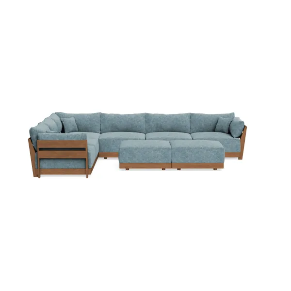 Modular Bondi Espresso 6-Seater Corner Sectional + Bench Ottoman in Steel Blue | Memory Foam Blend
