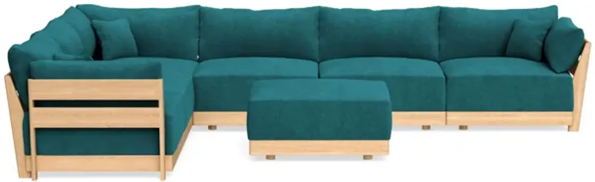 Modular Bondi Latte 6-Seater Corner Sectional + Ottoman in Ocean | Memory Foam Blend