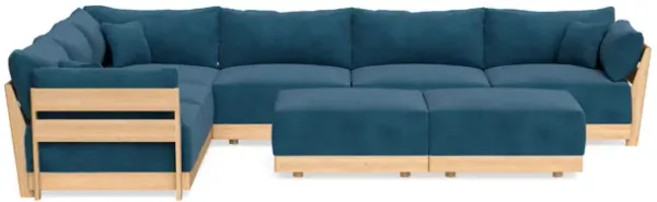 Modular Bondi Latte 6-Seater Corner Sectional + Bench Ottoman in Commodore Blue | Memory Foam Blend