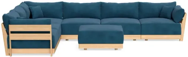 Modular Bondi Latte 6-Seater Corner Sectional + Ottoman in Commodore Blue | Memory Foam Blend