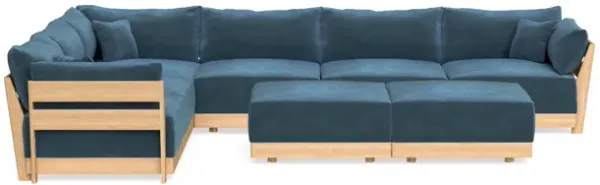 Modular Bondi Latte 6-Seater Corner Sectional + Bench Ottoman in Oxford Blue | Memory Foam Blend