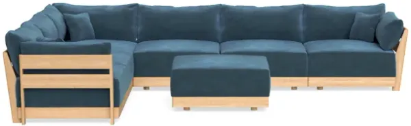 Modular Bondi Latte 6-Seater Corner Sectional + Ottoman in Oxford Blue | Memory Foam Blend