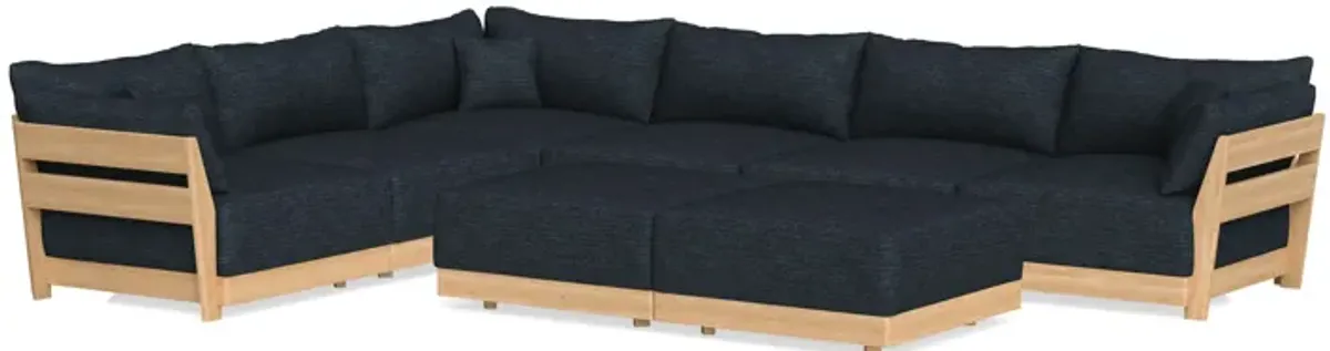 Modular Bondi Latte 6-Seater Corner Sectional + Bench Ottoman in Baltic Blue | Memory Foam Blend