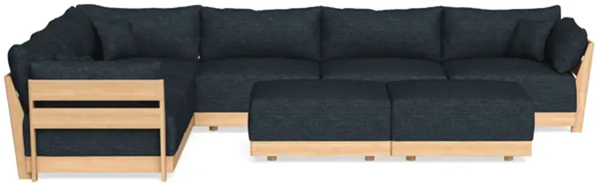 Modular Bondi Latte 6-Seater Corner Sectional + Bench Ottoman in Baltic Blue | Memory Foam Blend
