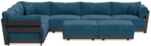 Modular Bondi Black 6-Seater Corner Sectional + Bench Ottoman in Commodore Blue | Classic Blend