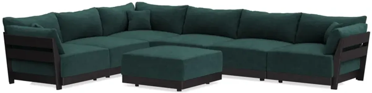 Modular Bondi Black 6-Seater Corner Sectional + Ottoman in Harbor Blue | Classic Blend