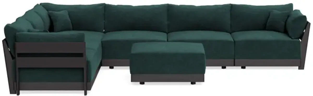 Modular Bondi Black 6-Seater Corner Sectional + Ottoman in Harbor Blue | Classic Blend