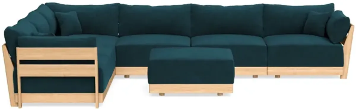Modular Bondi Latte 6-Seater Corner Sectional + Ottoman in Indigo | Classic Blend