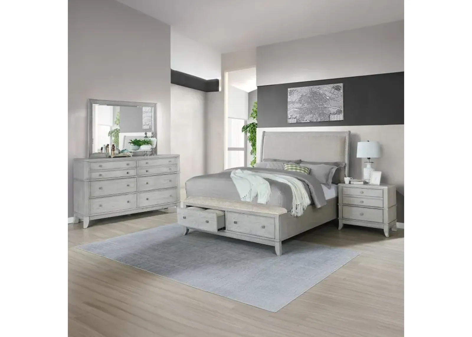 Manning California King Upholstered Bed, Dresser, Mirror & Nightstand