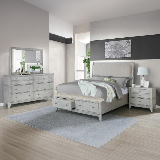 Manning California King Upholstered Bed, Dresser, Mirror & Nightstand