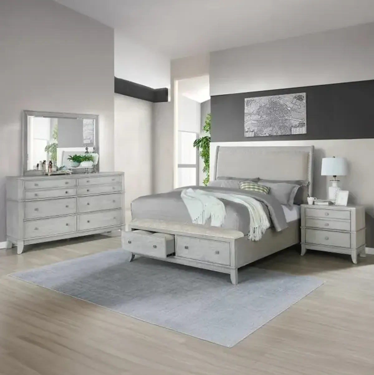 Manning Eastern King Upholstered Bed, Dresser, Mirror & Nightstand