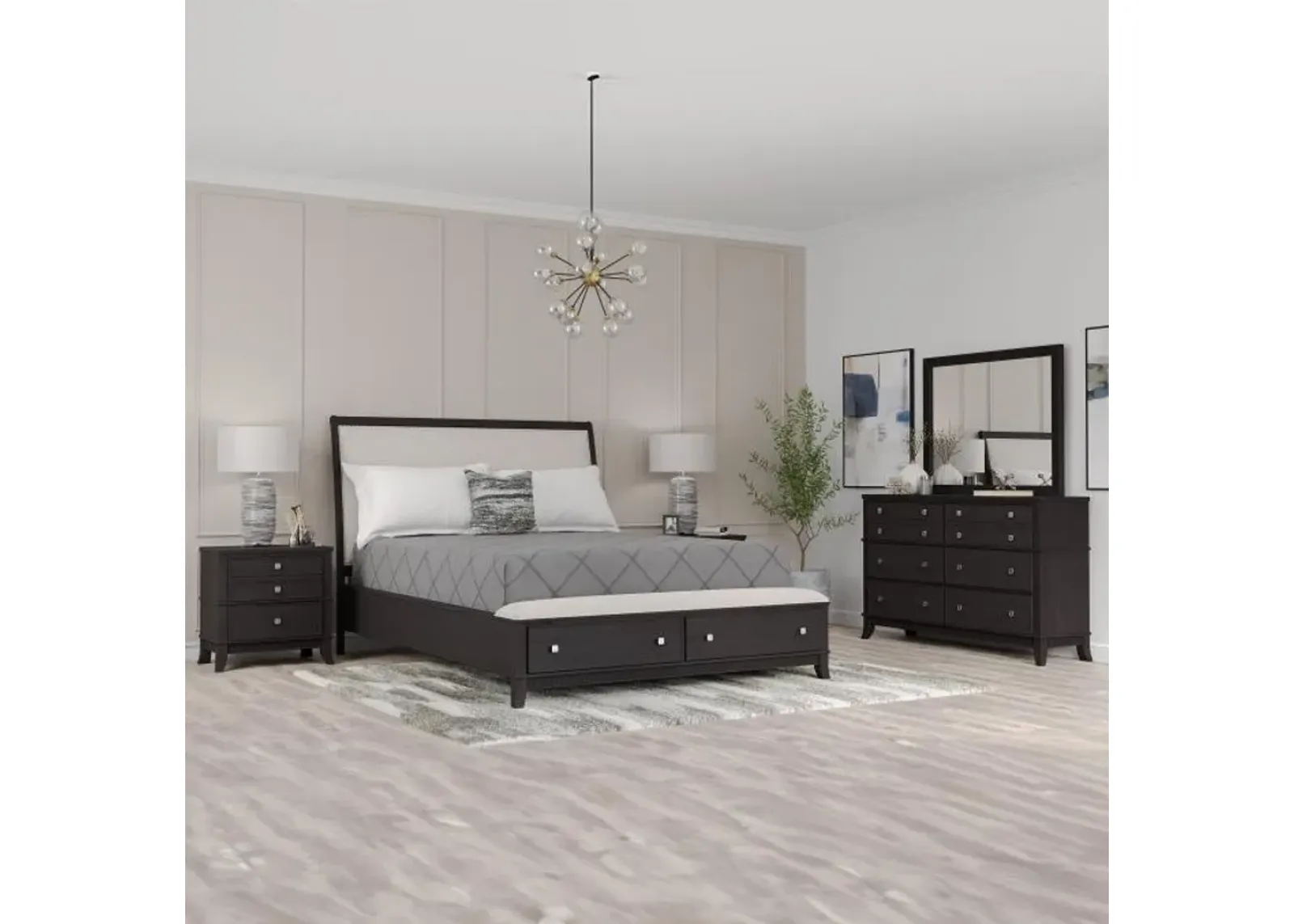 Manning California King Upholstered Bed, Dresser, Mirror & Nightstand