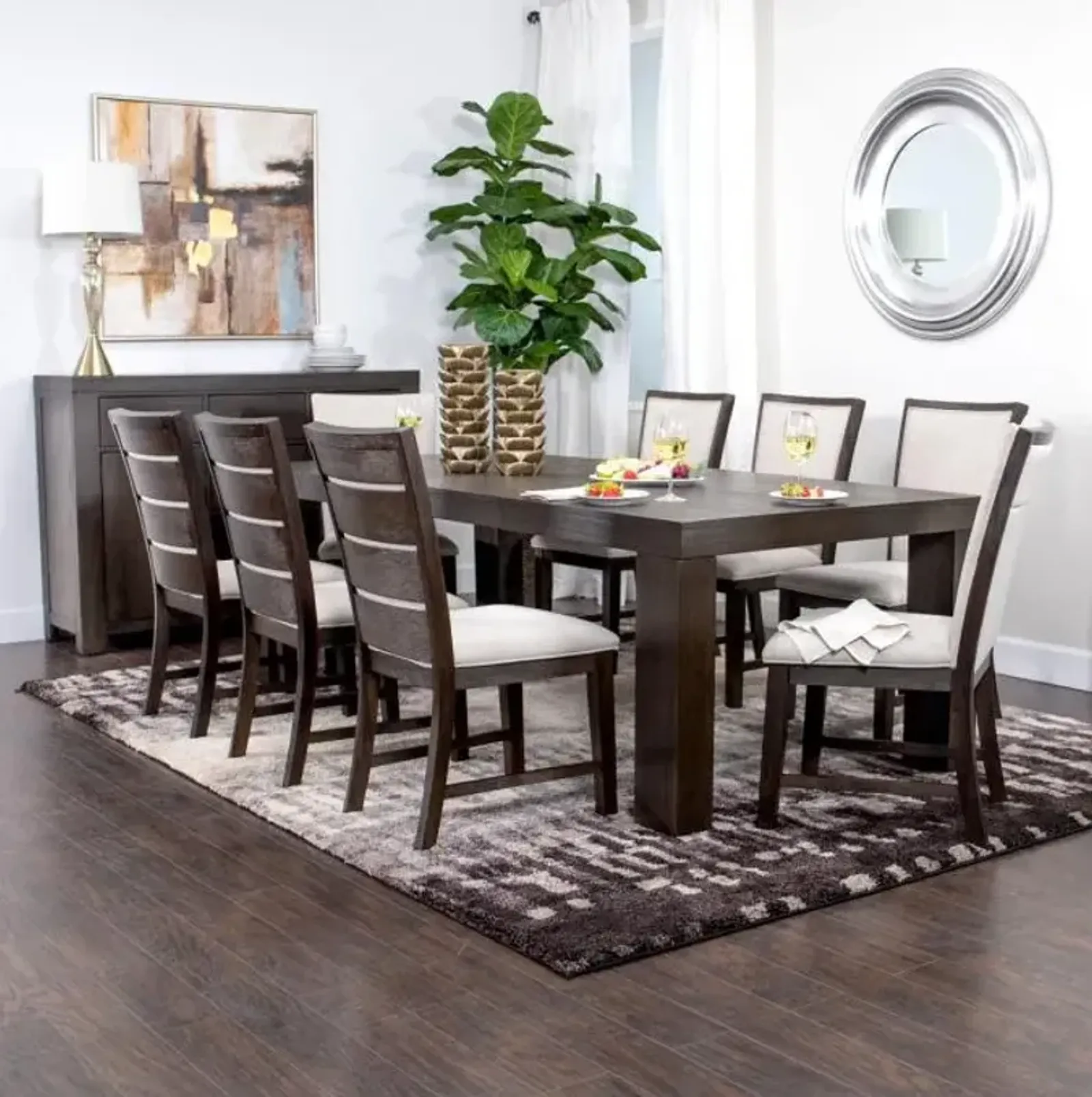 Riley 9pc Dining Set: Extendable Table, 2 Upholstered Chairs & 6 Slat Back Chairs