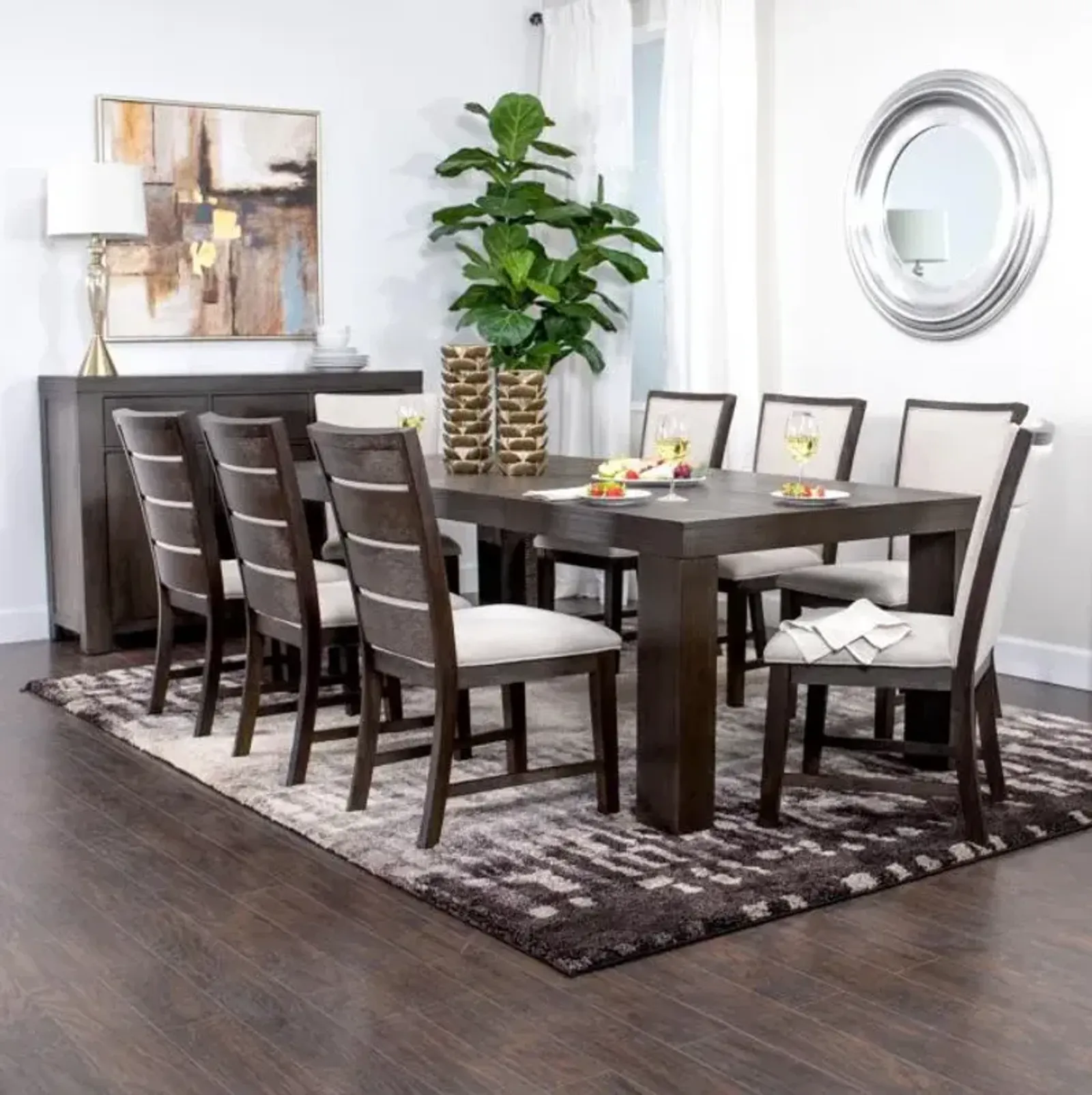 Riley 9pc Dining Set: Extendable Table, 2 Upholstered Chairs & 6 Slat Back Chairs