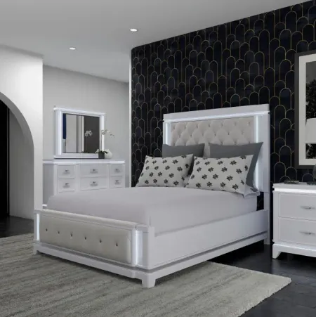Stardust California King Upholstered Bed, Dresser, Mirror & Nightstand