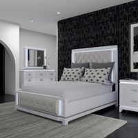 Stardust Eastern King Upholstered Bed, Dresser, Mirror & Nighstand