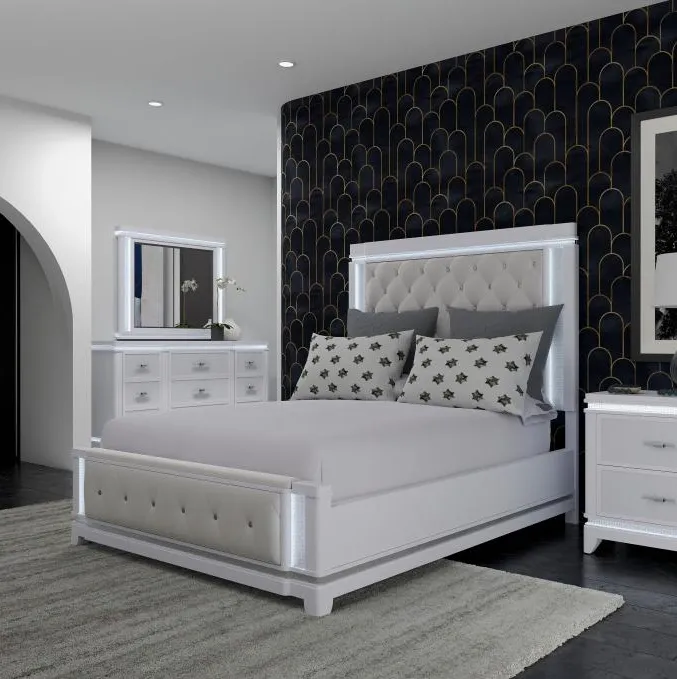 Stardust Eastern King Upholstered Bed, Dresser, Mirror & Nighstand