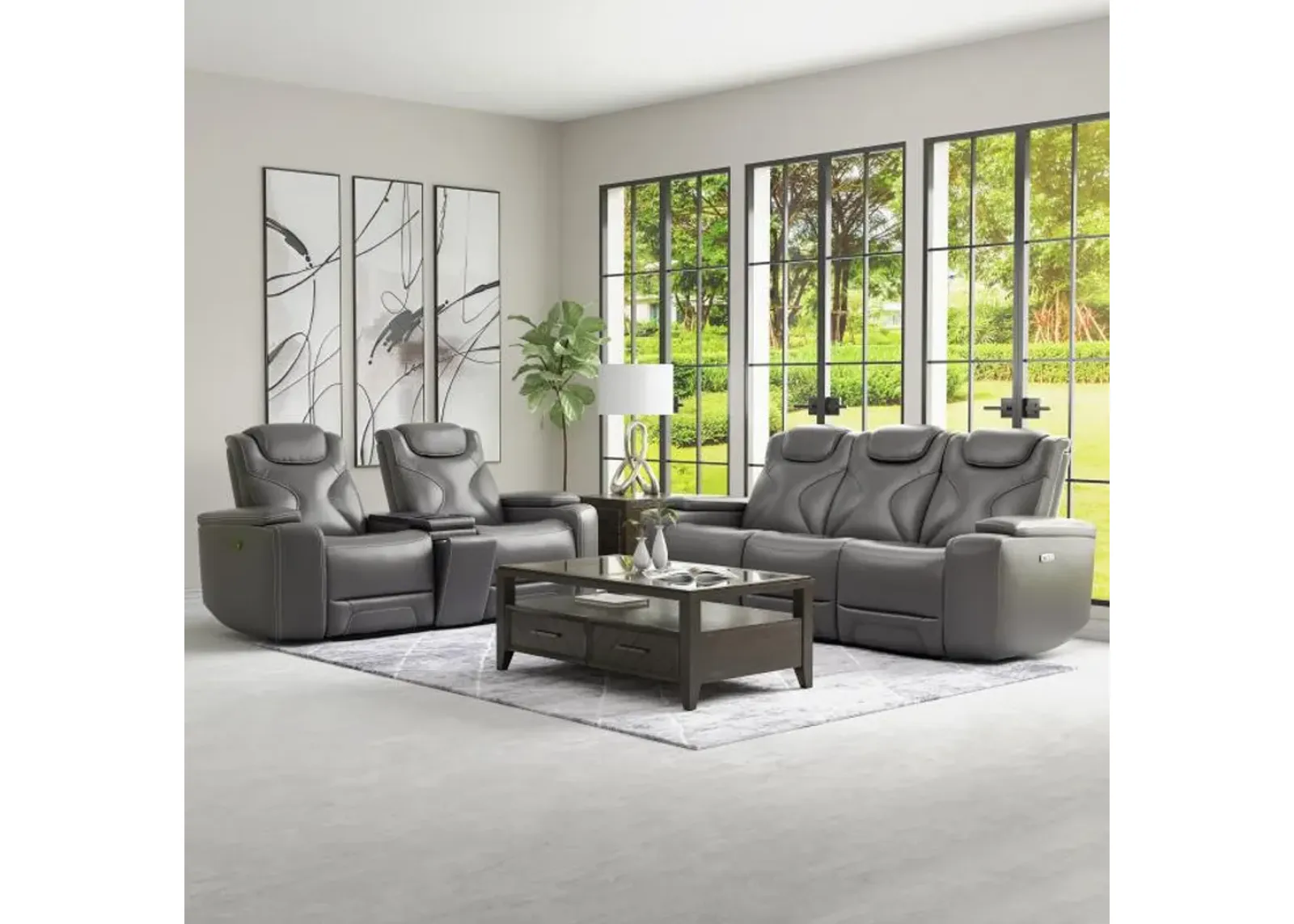 Jet Gray Leather Motion Sofa & Loveseat Set