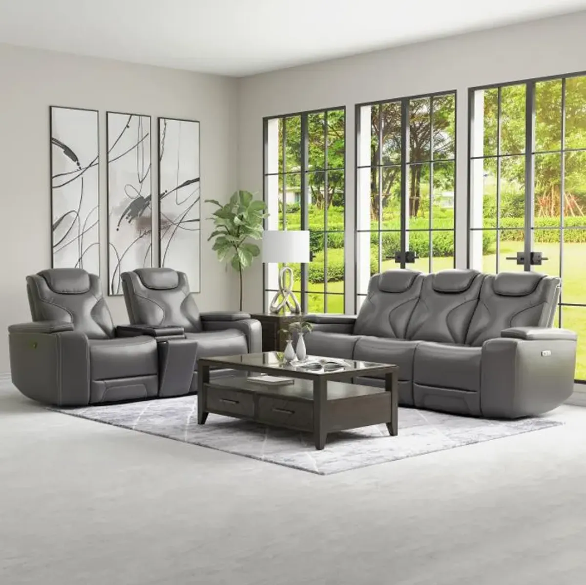 Jet Gray Leather Motion Sofa & Loveseat Set