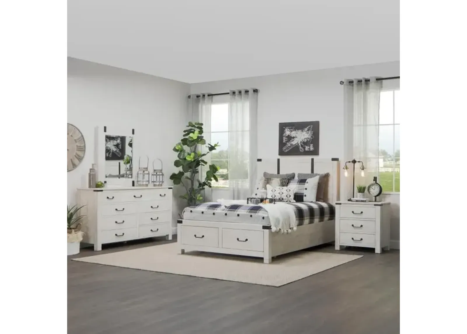 Abington Eastern King Storage Bed, Dresser, Mirror, Nightstand