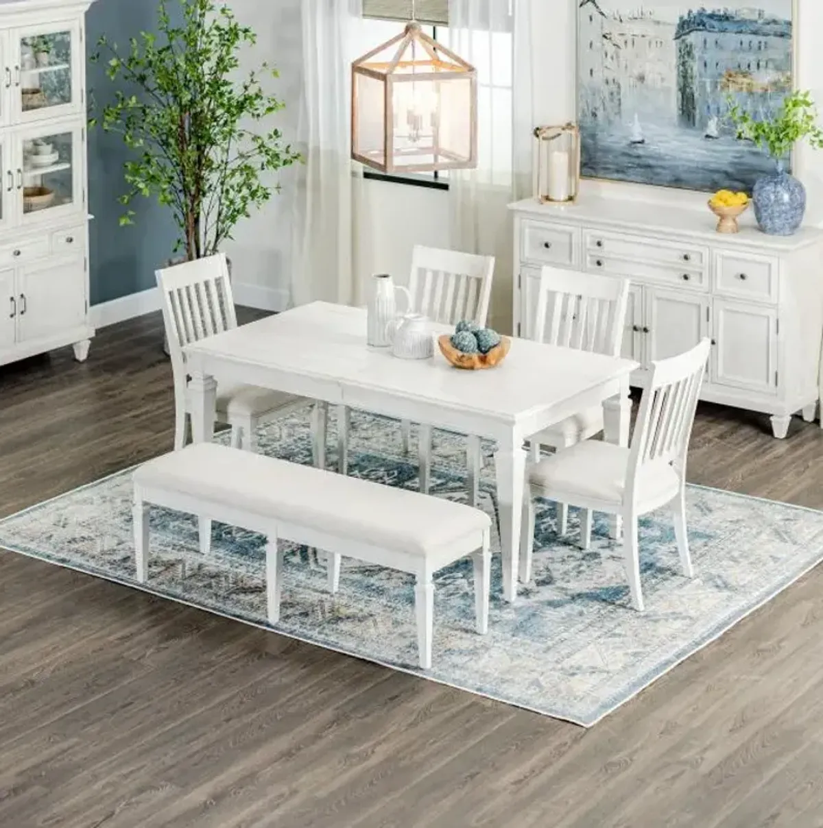 East Bay 6pc Dining Set: Table, 4 Side Chairs & Bench