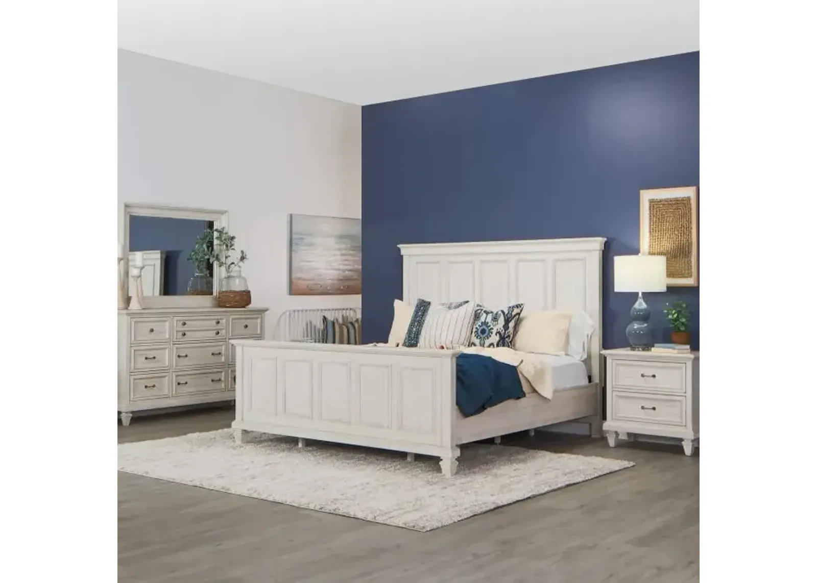 East Bay Eastern King Panel Bed, Dresser, Mirror, Nightstand