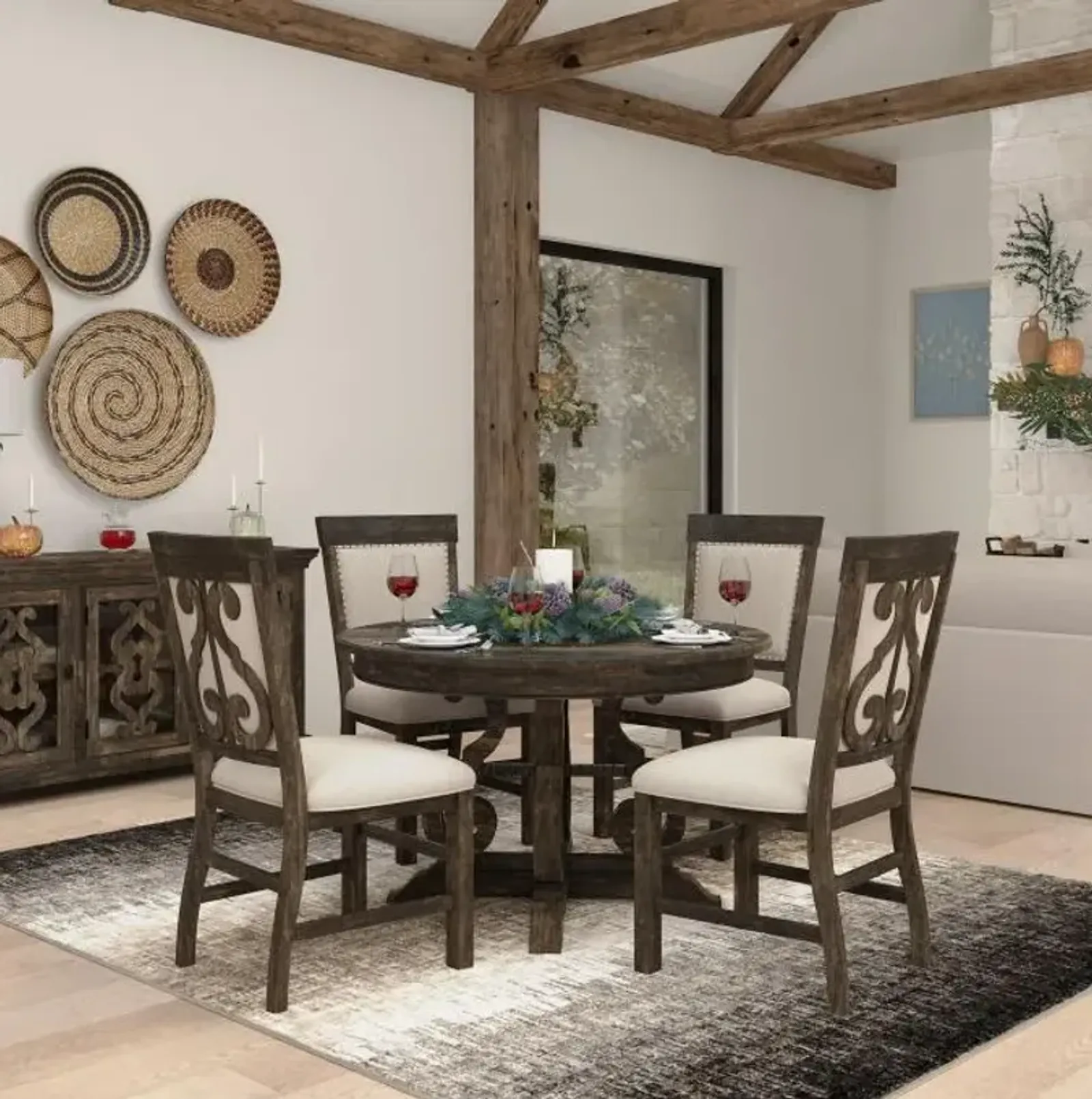 Hacienda 5pc Dining Set&colon; 48&quot; Round Table &amp; 4 Side Chairs