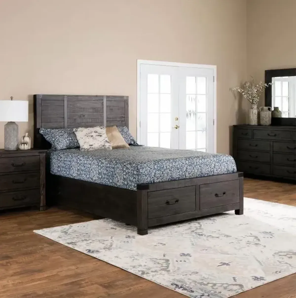 Abington Eastern King Storage Bed, Dresser, Mirror & Nightstand