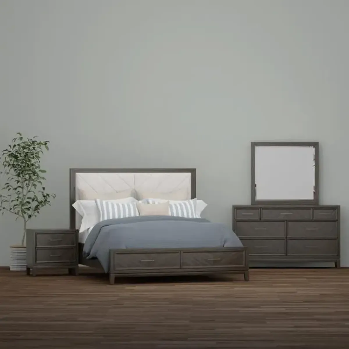 Torino California King Bed, Dresser, Mirror & Nightstand